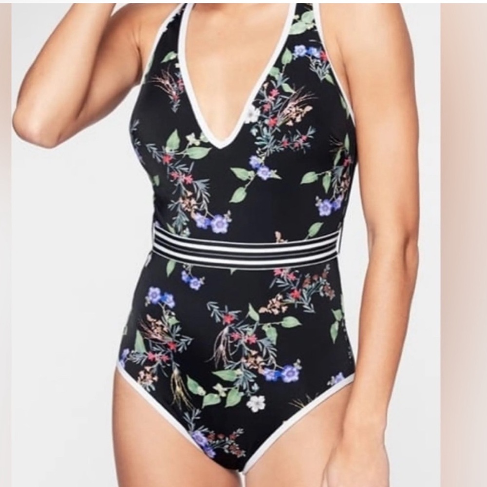 Athleta Hold Coast One Piece Swimsuit Black Floral Small